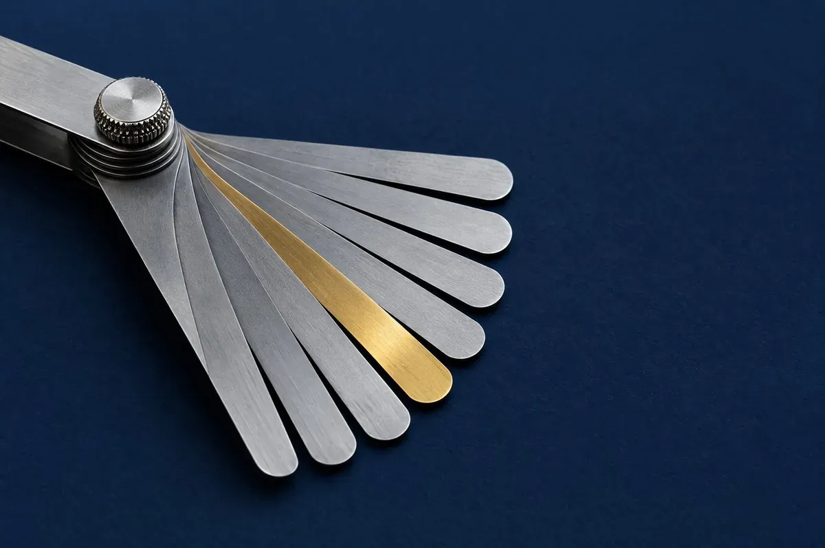 A fanned set of steel feeler gauges on a navy surface, one blade in brass